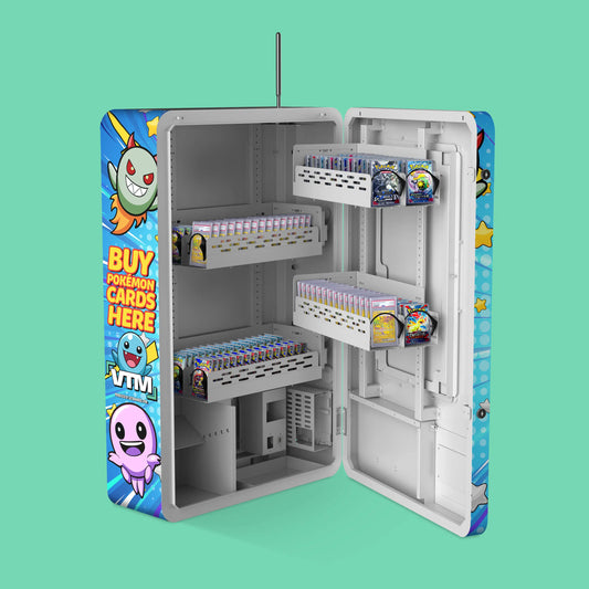 Pokemon TCG branded vinyl wrap on the VTM Mini TCG compact wall-mounted Pokemon trading card 22mm coil vending machine open and fully loaded with Pokémon booster packs and mystery slabs across multiple shelves