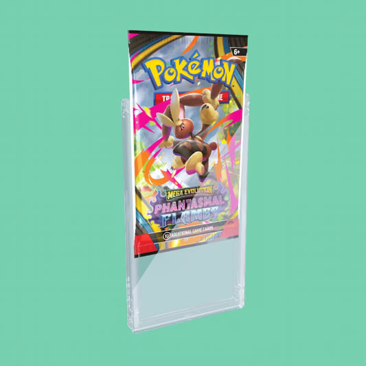 Pokémon TCG Mega Evolution Phantasmal Flames booster pack in clear protective case for vending machine