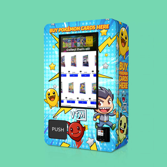 TCG branded vinyl wrap on the VTM Mini TCG compact wall-mounted Pokemon trading card vending machine Side View