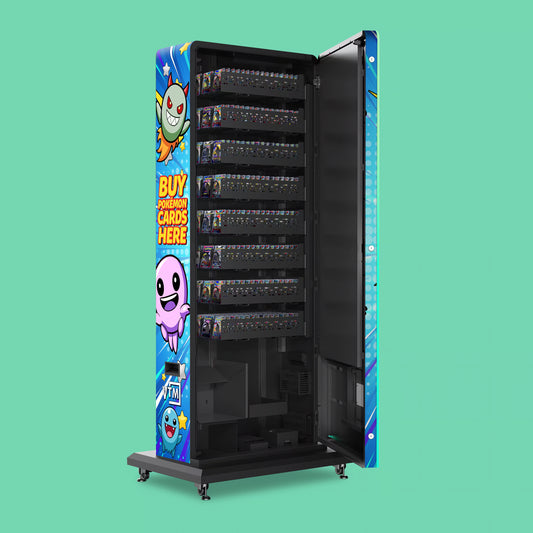 Pokemon TCG branded vinyl wrap on the VTM Slim Pack Tower 2.0 free-standing Pokemon trading card vending machine loaded with boosterpacks in 22mm coil