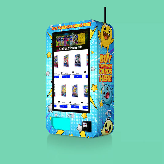 TCG branded VTMvending.com vinyl wrap on the VTM Slim Wall TCG wall-mounted Pokemon trading card vending machine