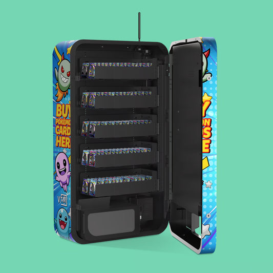 Pokemon TCG branded vinyl wrap on the VTM Slim Wall TCG wall-mounted Pokemon trading card vending machine open with 22mm coil and booster packs