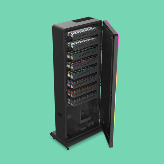 VapeTM Slim Tower 2.0 vape vending machine side profile showing its slim freestanding cabinet
