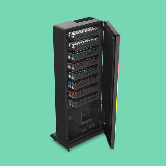 VapeTM Slim Tower 2.0 vape vending machine side profile showing its slim freestanding cabinet