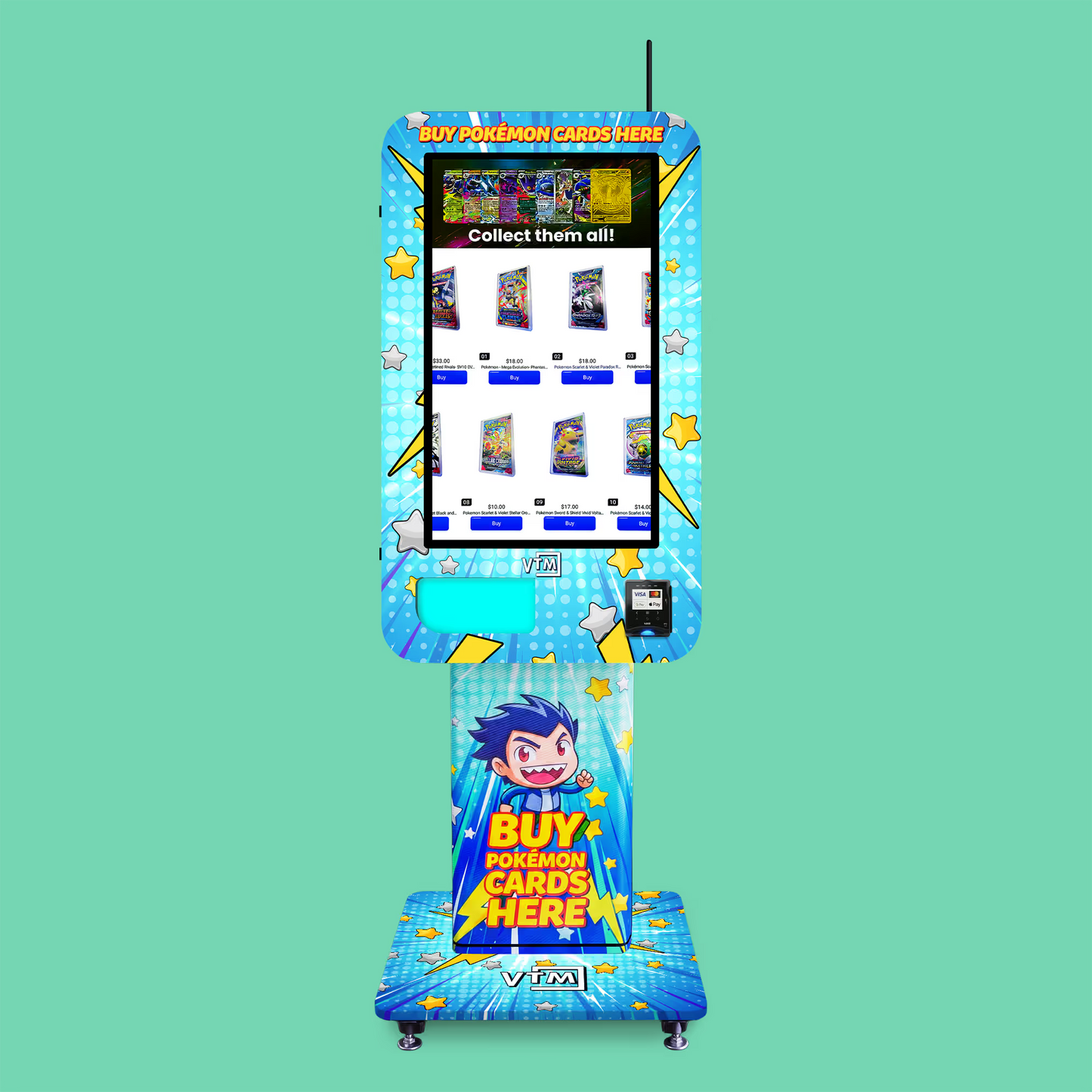 Pokemon TCG branded vinyl wrap on the VTM Slim Wall TCG Pokemon trading card vending machine front view on a TCG wrap pedestal stand displaying Pokémon booster pack selection on touchscreen