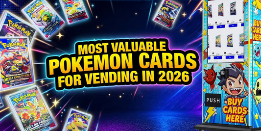 Most Valuable Pokemon Cards for Vending in 2026 featuring a variety of popular Pokemon TCG booster packs and a colorful vending machine.