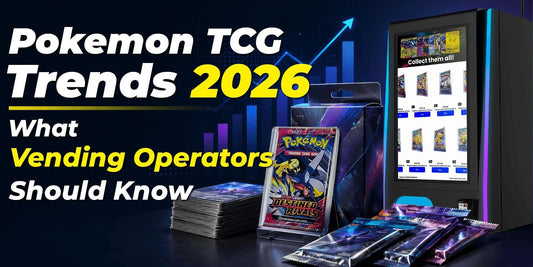 Pokemon TCG Trends 2026: What Vending Operators Should Know featuring an upward-trending bar graph, several Pokemon booster packs—including the Destined Rivals set—and a modern TCG vending machine with a digital touchscreen display.