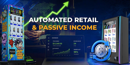 Vending machine passive income graphic with Pokémon TCG product display