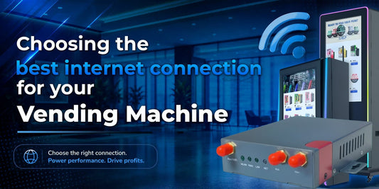 Industrial cellular router, a Wi-Fi symbol, and smart vending machines with digital touchscreens