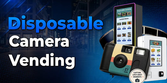 Automated smart vending machines for disposable cameras and photography accessories featuring digital touchscreens and retro-style camera branding