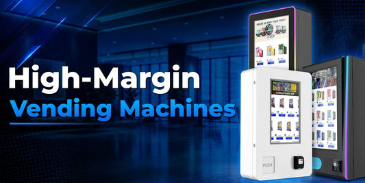 Modern wall-mounted and floor-standing high-margin vending machines featuring digital touchscreens and integrated payment terminals.