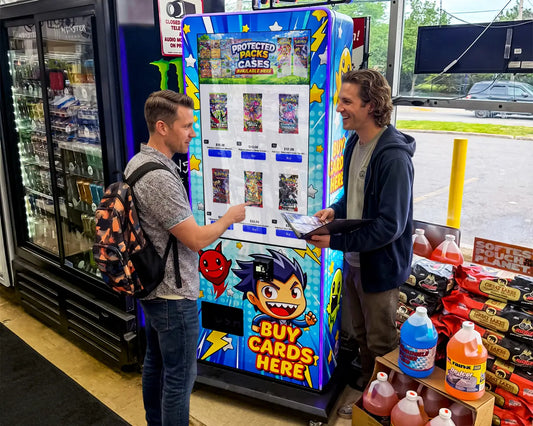 Customers browsing booster packs on a Pokemon card vending machine inside a 24-hour gas station convenience store