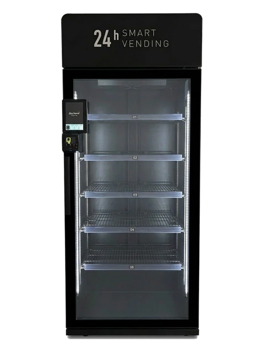 ReyVend AI Smart Cooler front view with LED lit interior