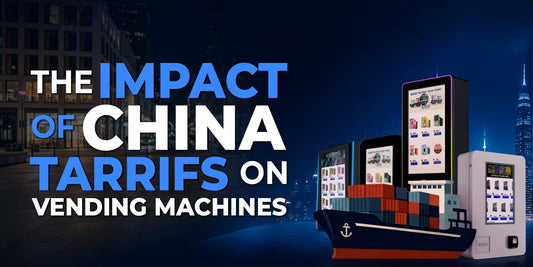 The impact of China tariffs on vending machines, featuring a cargo ship and various automated retail kiosks