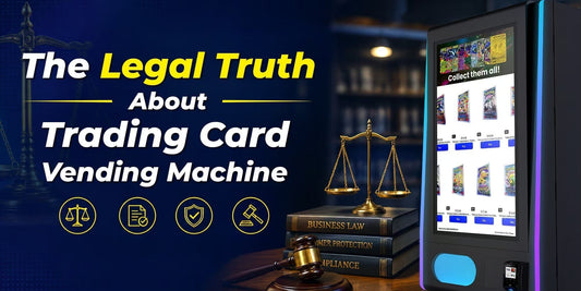 Trading card vending machine with legal theme and text about trading card vending machines.