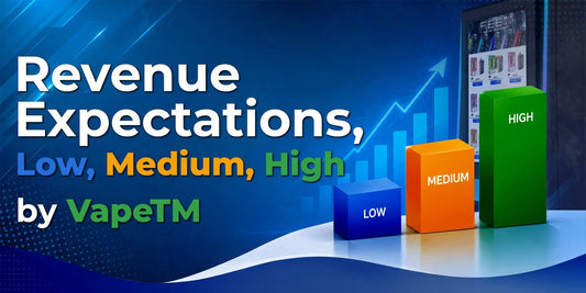 Vape vending machine revenue expectations graphic featuring low, medium, and high income bar chart with upward growth arrow, digital vape kiosk, and business marketing design for automated retail profitability.