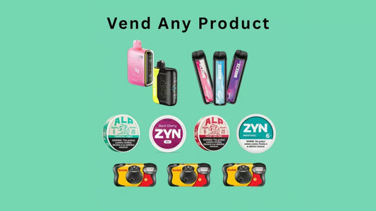Products for vending machines including disposable vapes, ZYN nicotine pouches, and compact retail items for automated sales