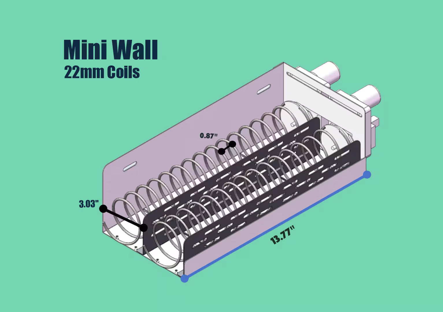 Technical specs for mini wall-mounted vending machine with 22mm spiral coils including key dimensions for product fit and capacity.