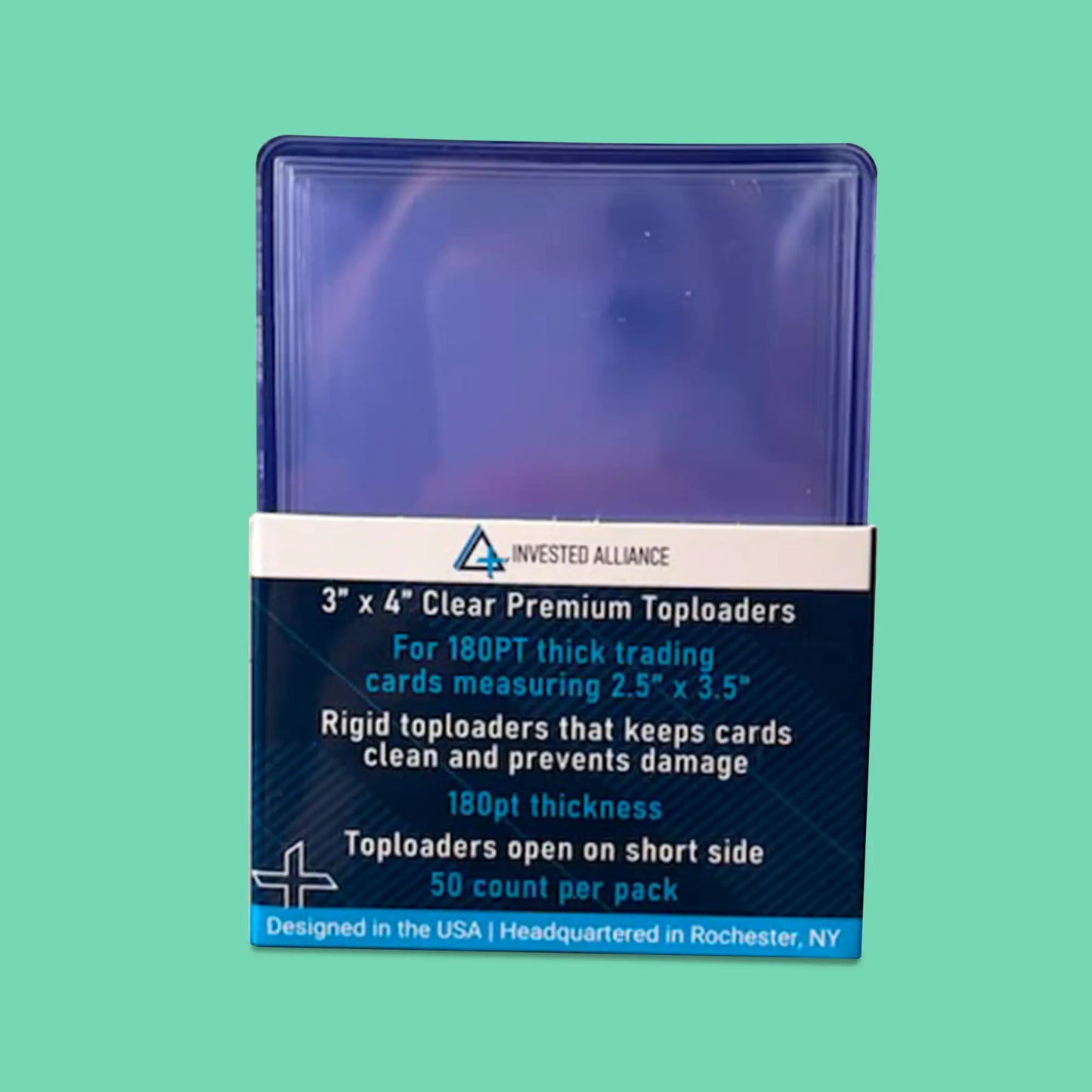 50-pack of Invested Alliance rigid toploaders for trading cards.