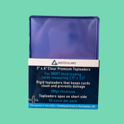 50-pack of Invested Alliance rigid toploaders for trading cards.