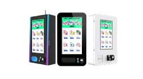 Lineup of three VTM vending machines in black, RGB edge lit, and white finishes, mobile version