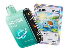 Geek Bar Pulse vape device and a Squirtle Pokemon card representing vending machine inventory, mobile version