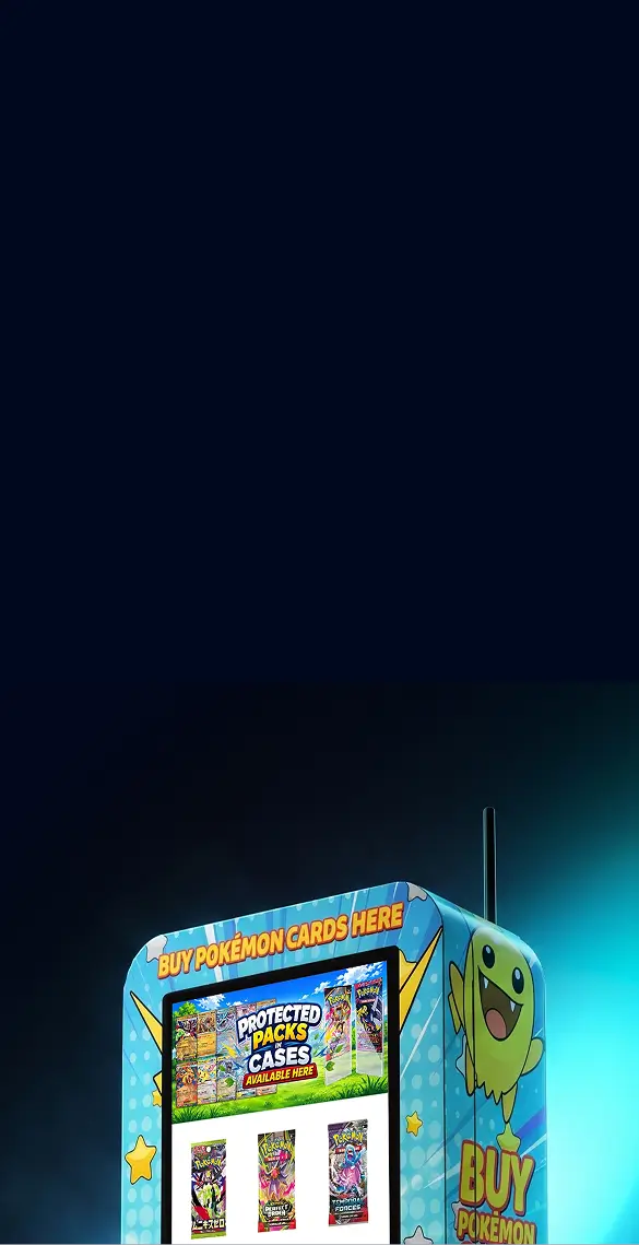 Mobile homepage hero background with a VTM Pokemon card vending machine on a dark navy backdrop
