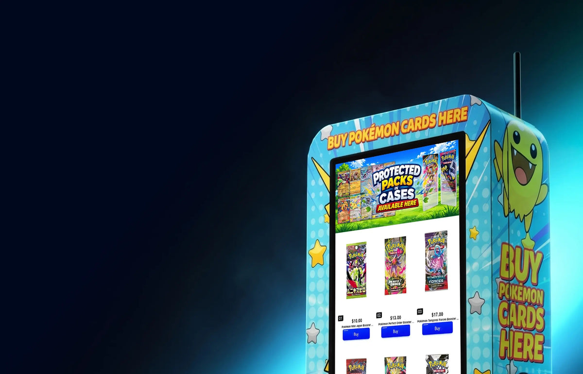 Homepage hero background with a VTM Pokemon card vending machine glowing teal on a dark navy backdrop