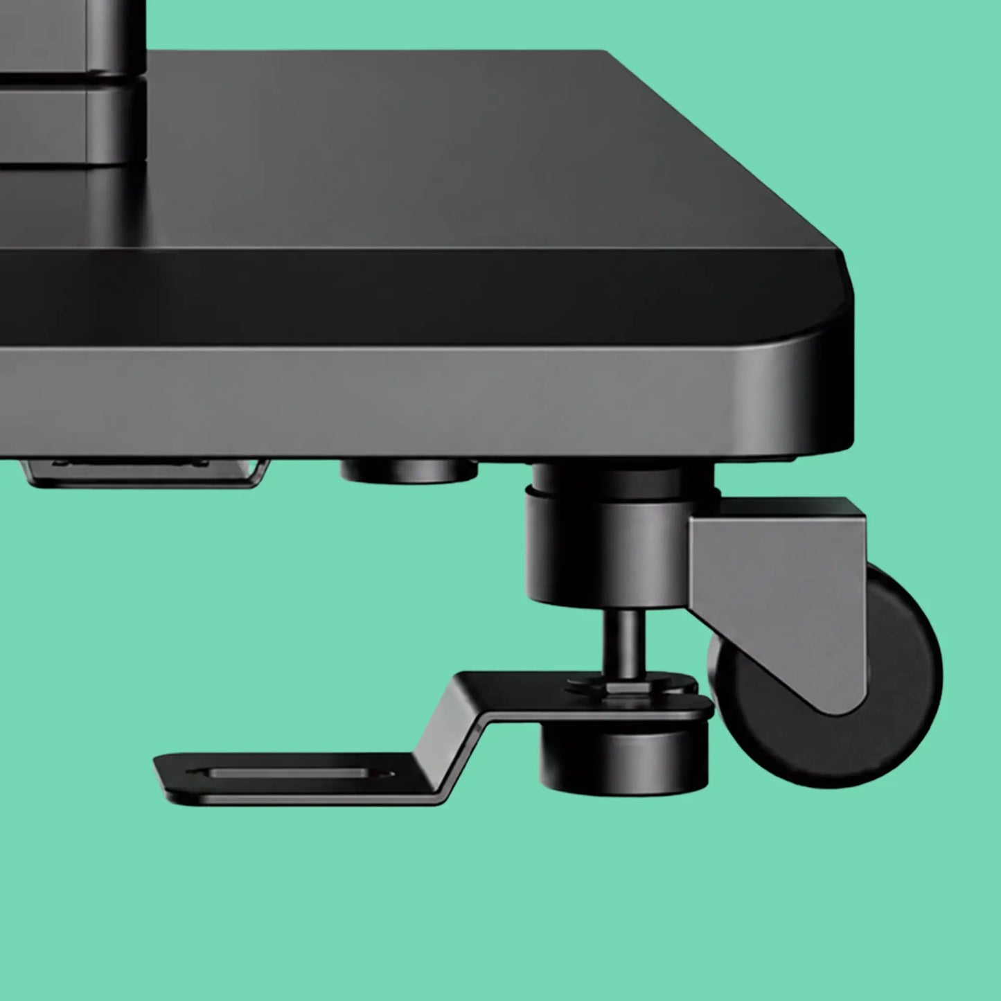 Close-up of a black pedestal base showing secure mounting hardware, including a slotted anti-tip L-bracket and integrated wheel