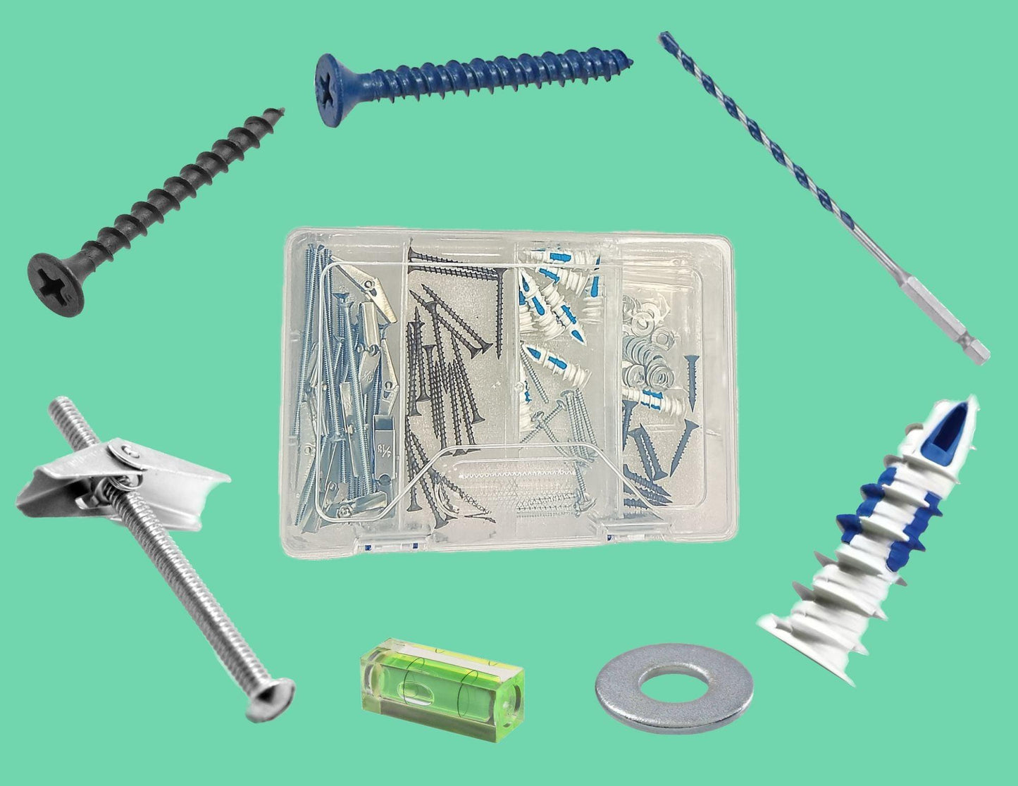 Installation hardware kit with anchors and fasteners for wall-mounting a VapeTM vending machine on concrete, wood, or brick