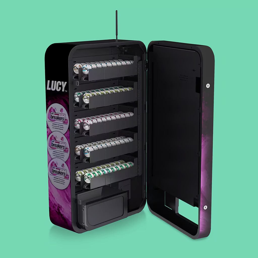 Lucy wrapped Slim Wall vending machine loaded with Lucy and Breakers nicotine pouches