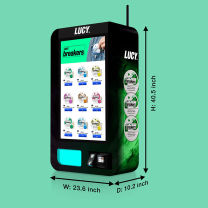 Lucy Slim wall vape vending machine with a digital touch screen, Nayax card reader, and ID scanner size dimension