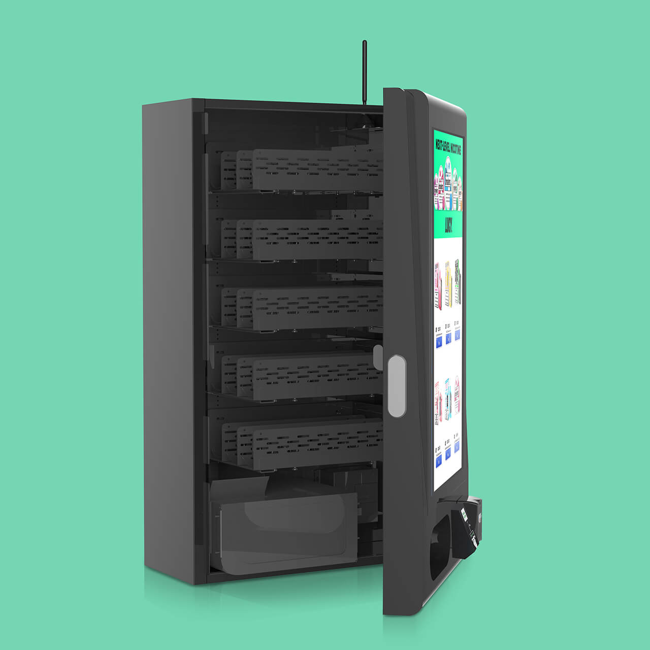 Inside view of the Mega Wall 2.0 vape vending machine revealing 15-aisle capacity and digital touchscreen