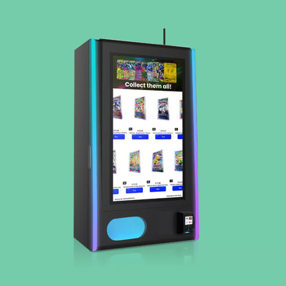 Mega Wall 2.0 Pokémon TCG vending machine touchscreen angled view displaying trading card booster packs