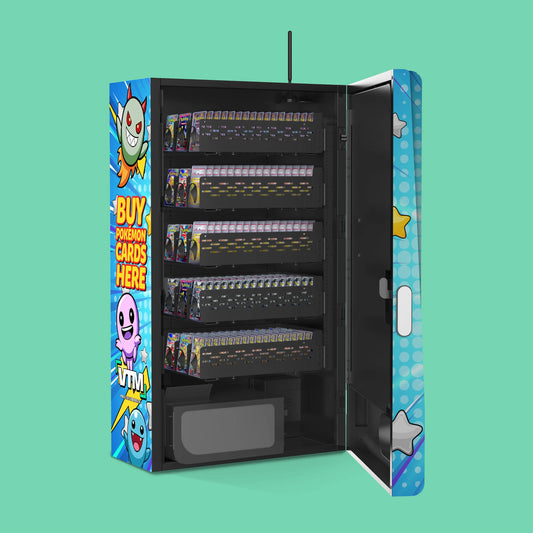 Mega Wall 2.0 Pokémon vending machine, door open, loaded with booster packs in top-loader cases and mystery graded slabs