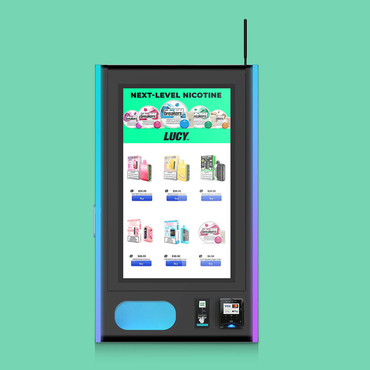 Front view of the Mega Wall 2.0 vape vending machine displaying disposable vapes for sale and an Lucy Breakers pouch advertisement.