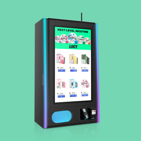 Side profile view of the Mega Wall 2.0 vape vending machine highlighting its slim depth and chassis design, while displaying disposable vapes and an Lucy Breakers nicotine pouch advertisement.