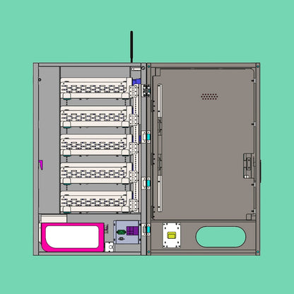 X-ray view of mega wall 2.0 wall-mounted vending machine showing internal coils and components.