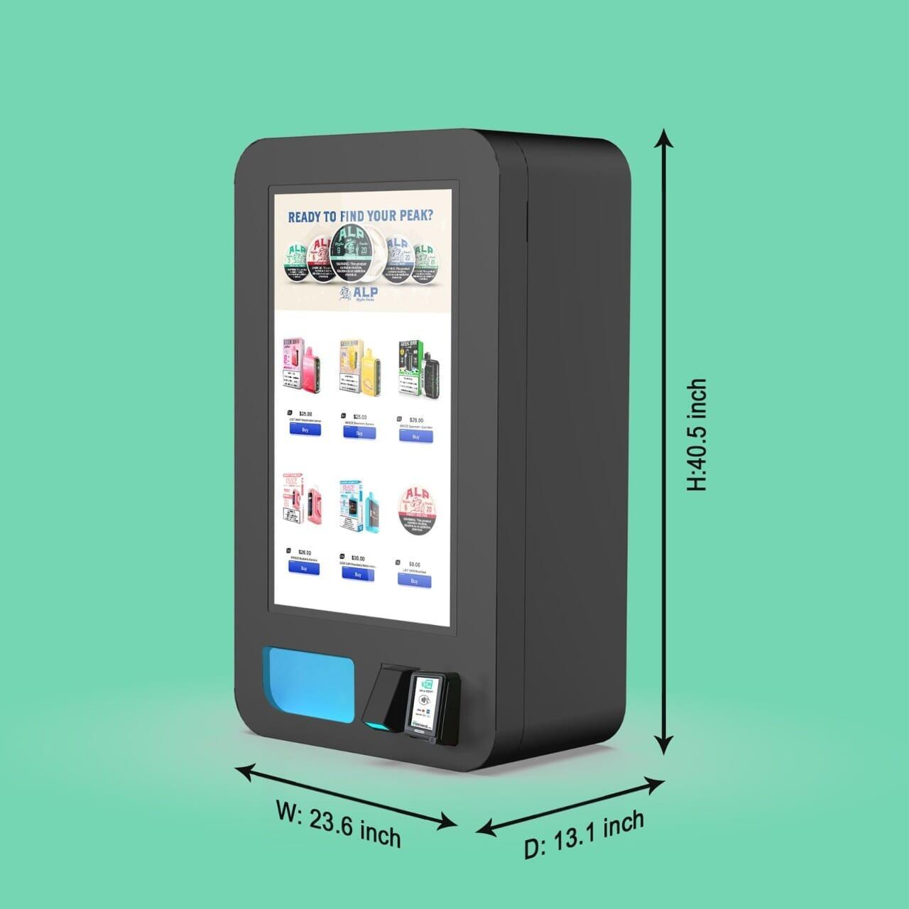 Mega Wall high-capacity wall-mounted vape vending machine with 32-inch touchscreen display and Nayax card reader.