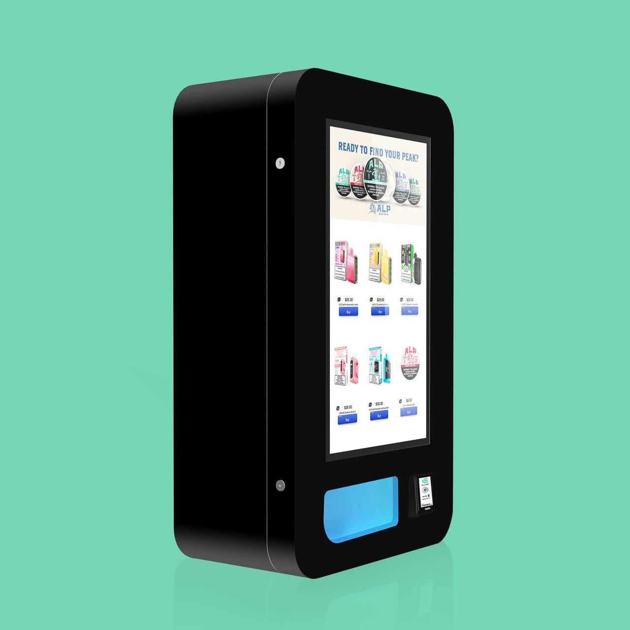 Mega Wall: High-Capacity, Wall-Mounted Vape Machine for smart vending with cashless, age verification, and US support.
