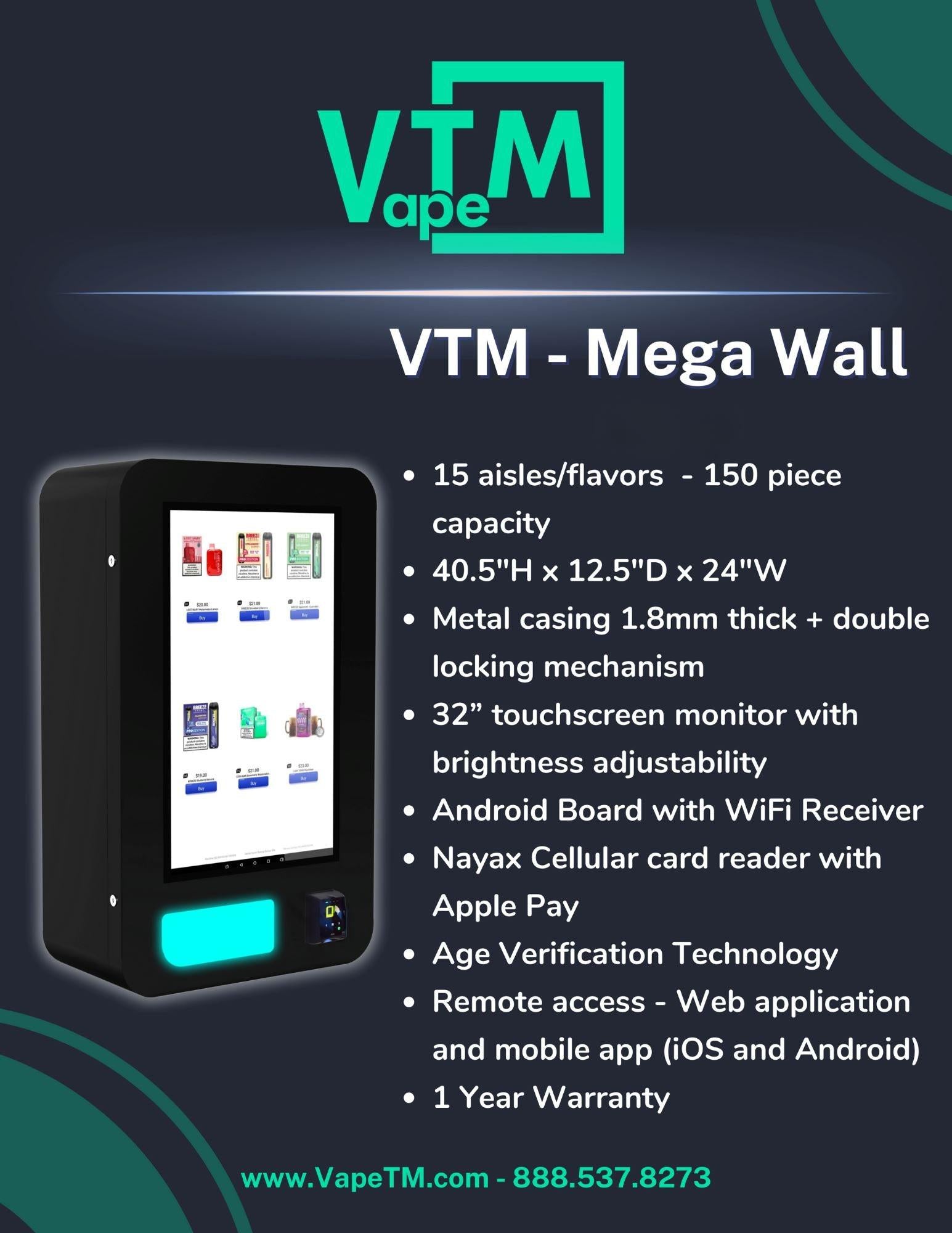 Mega Wall: High-Capacity, Wall-Mounted Vape Machine for smart vending with cashless, age verification, and US support.