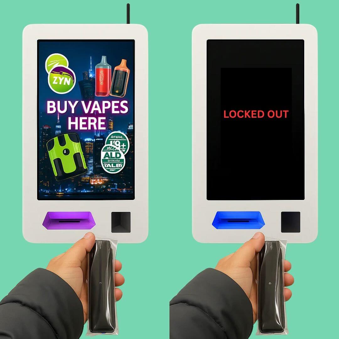 Operational lockout device for compliant control and remote shutoff of age-restricted vending machines