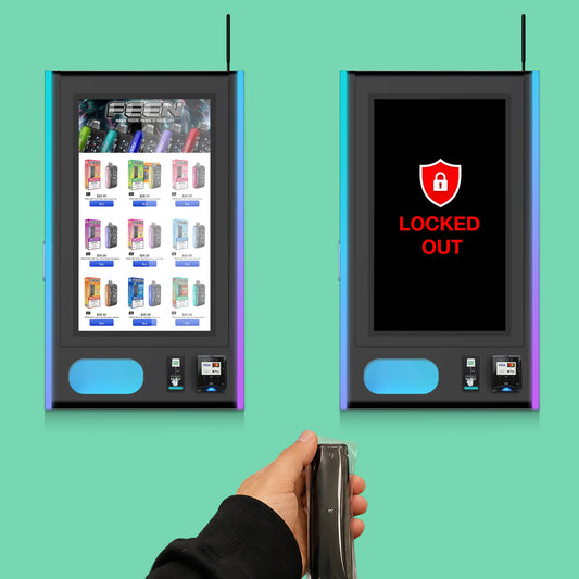 Operational lockout device controlling an age-verified VTM vape vending machine remotely to prevent unauthorized access