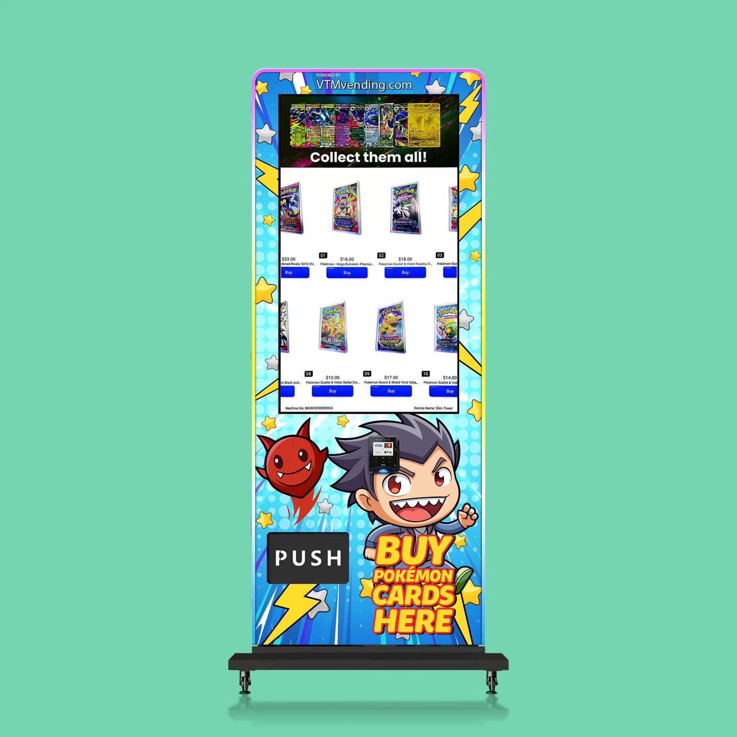 Pokémon card pack vending machine with 24 different booster pack selections, large touchscreen display, and cashless payment system