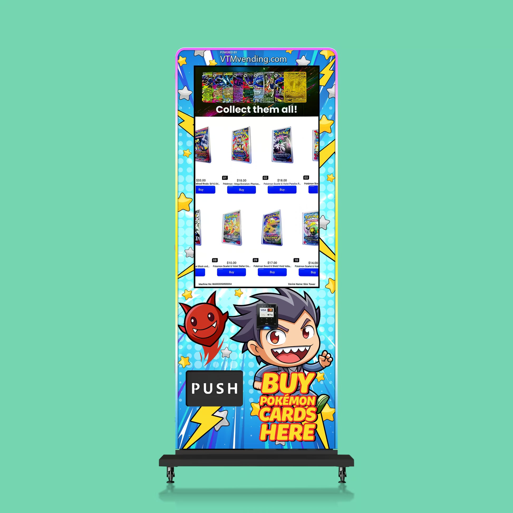 Pokémon card pack vending machine with 24 different booster pack selections, large touchscreen display, and cashless payment system