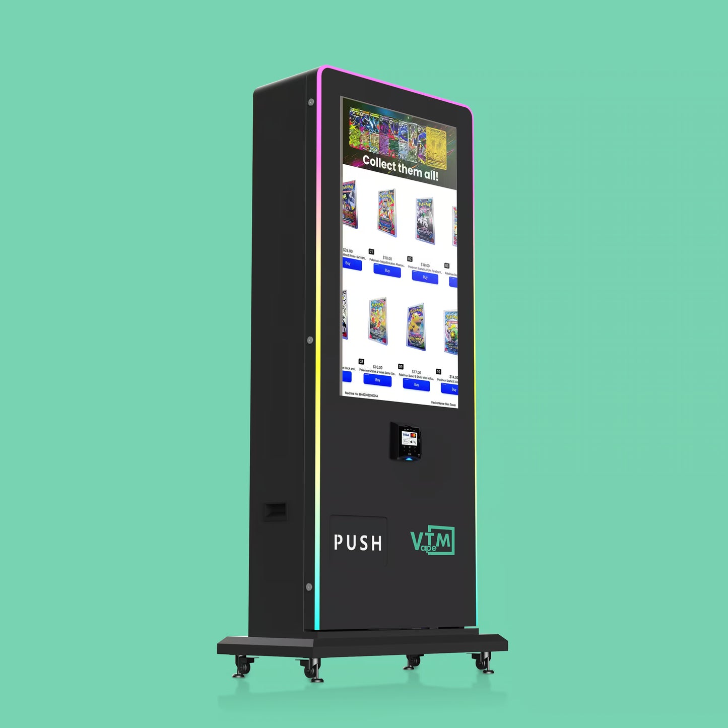 Side angle of Slim Tower 2.0 Pokémon card pack vending machine with large touchscreen display and commercial trading card dispensing system