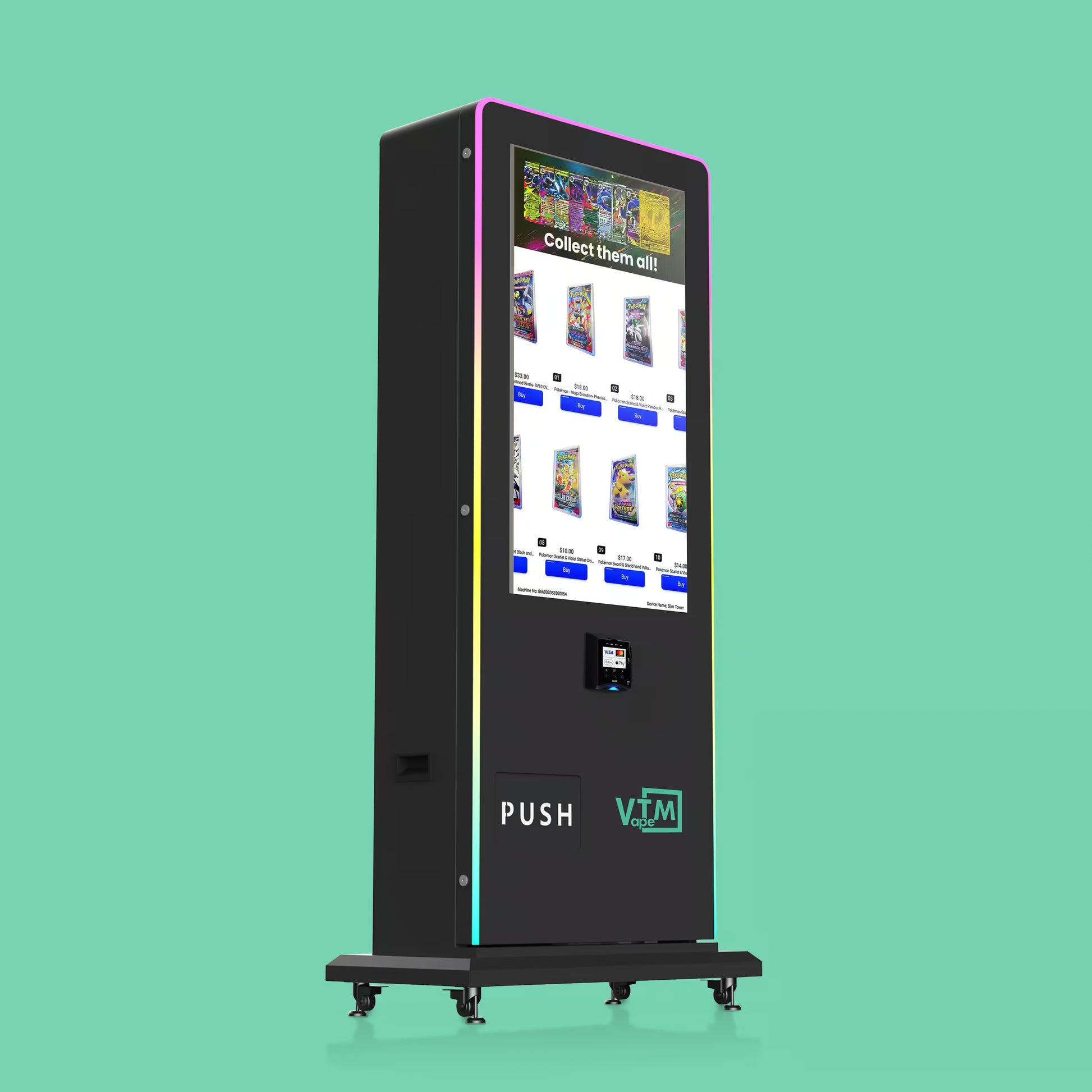 Side angle of Slim Tower 2.0 Pokémon card pack vending machine with large touchscreen display and commercial trading card dispensing system