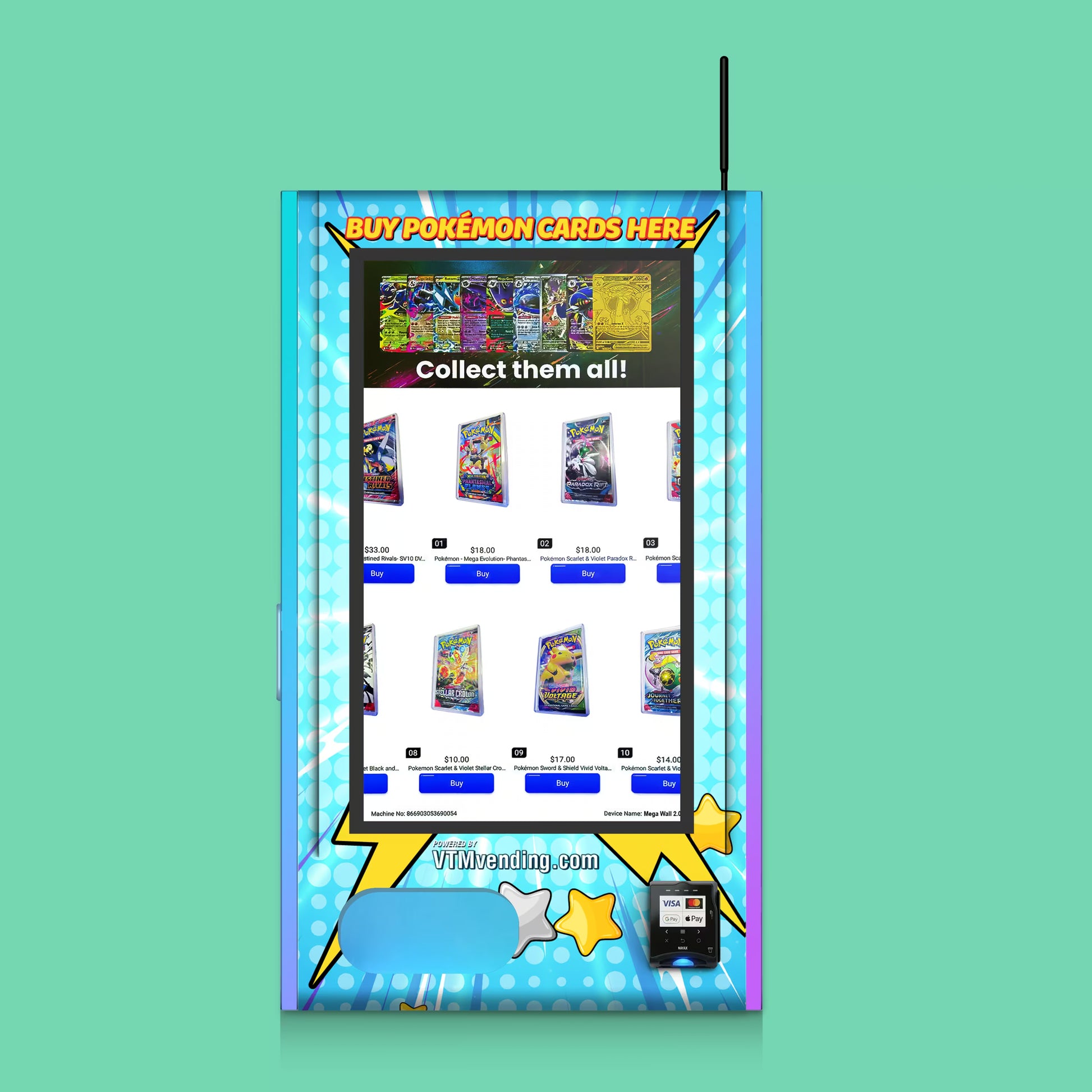 Front view of Pokemon TCG branded vinyl wrap on the VTM Mega Wall 2.0 TCG high-capacity wall-mounted Pokemon trading card vending machine