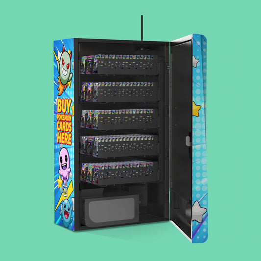 Pokemon TCG branded vinyl wrap on the VTM Mega Wall 2.0 TCG high-capacity wall-mounted Pokemon trading card vending machine 22mm coil loaded with boosterpacks