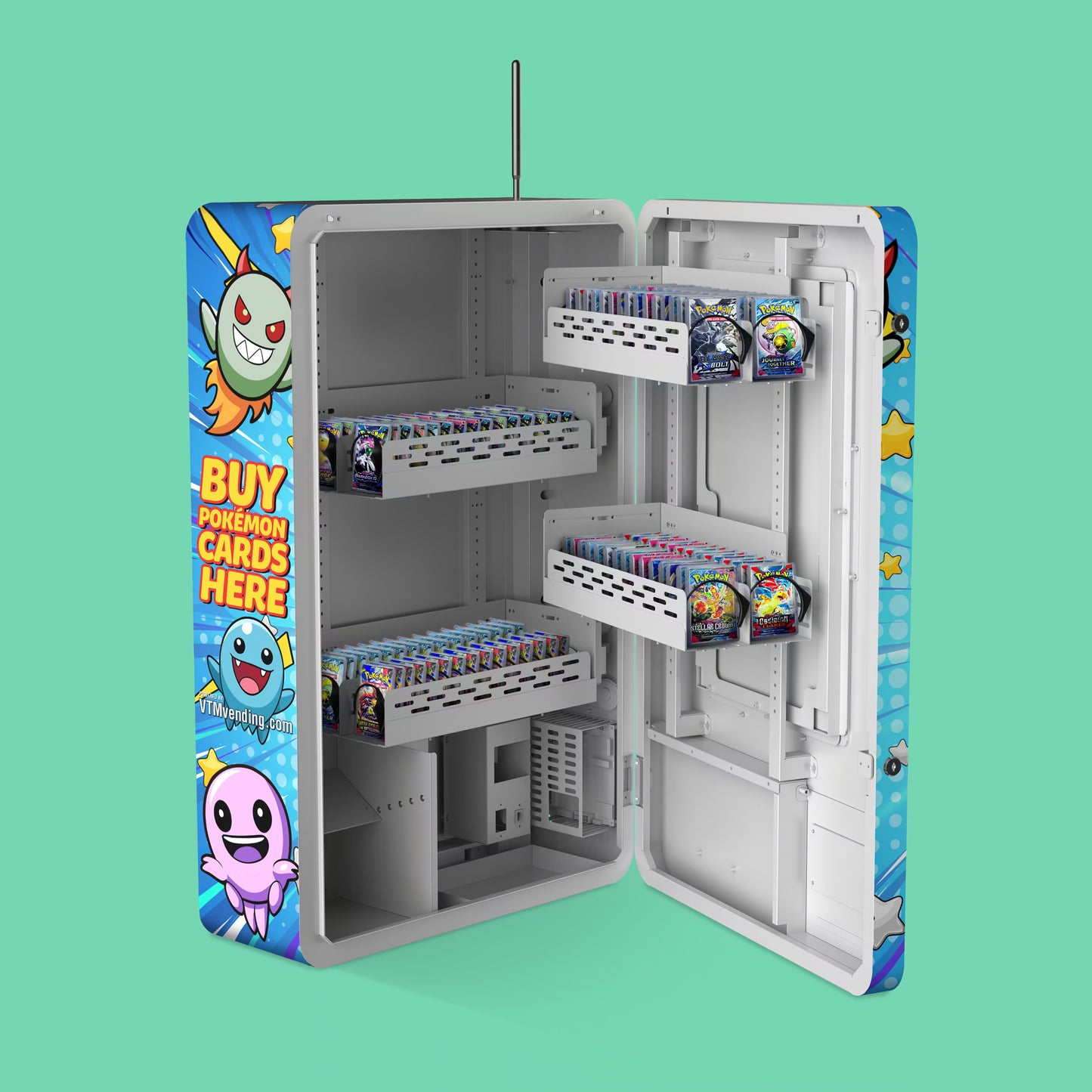 Pokemon TCG branded vinyl wrap on the VTM Mini TCG compact wall-mounted Pokemon trading card  22mm coil vending machine open and fully loaded with Pokémon booster packs across multiple shelves